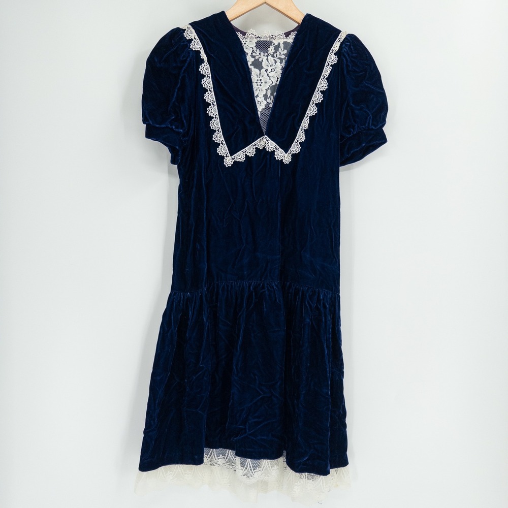 Vintage 90s Jessica McClintock Velvet Dress Kids 12 Navy Blue Lace Trim Party